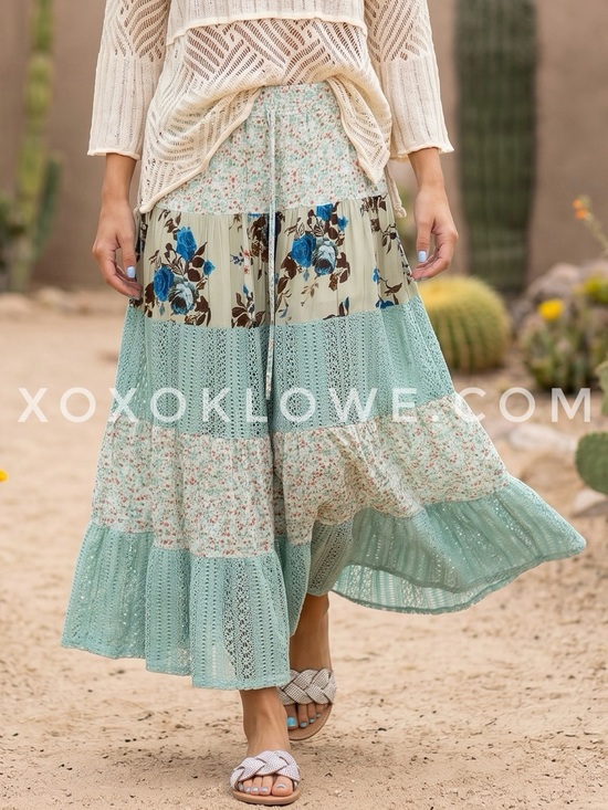 POL Dresses & Skirts - POL Sage Green Floral Patchwork Maxi Skirt | Mint Boho Tiered Lace Flowy